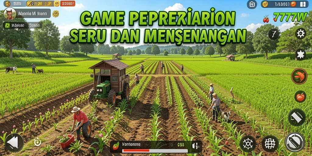 Tampilan gameplay seru dalam 7777W saat bertani di kebun.
