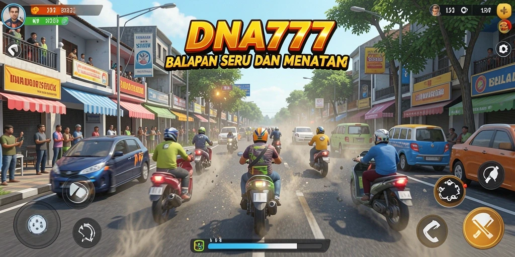 Gameplay DNA777 dengan kendaraan balapan yang menantang.