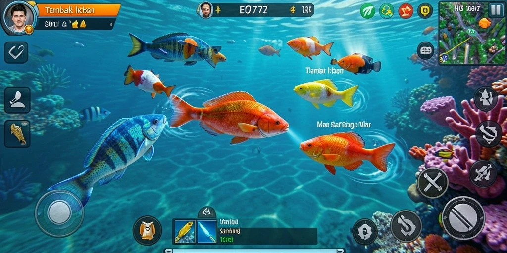 Tampilan seru gameplay Tembak Ikan EOS77 dengan ikan berwarna-warni.