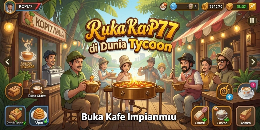 Tangkapan layar gameplay KOPI77 menunjukkan suasana kafe yang berkembang.
