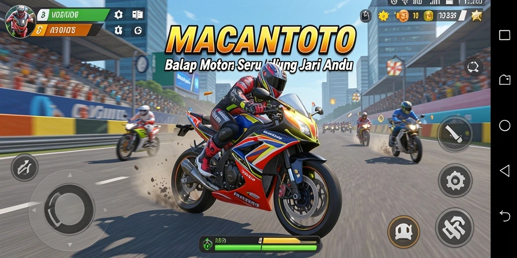 Tangkapan layar menunjukkan aksi balap motor yang mendebarkan.