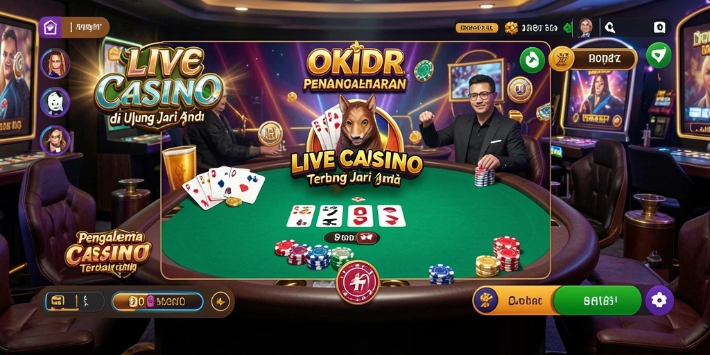 Screenshot gameplay Live Casino OKIDR dengan dealer langsung dan pemain interaktif.